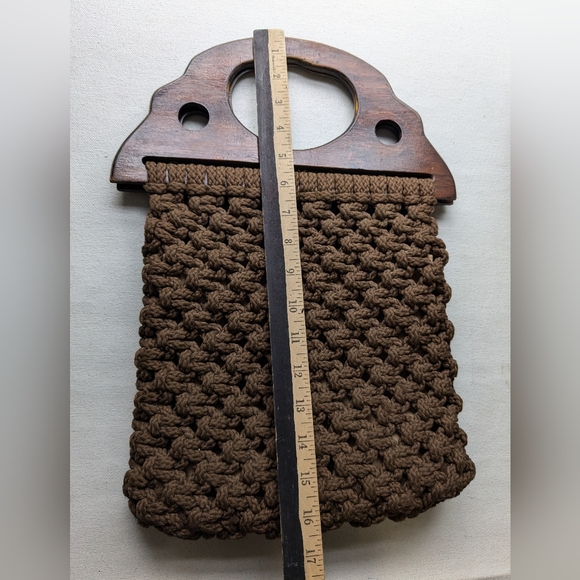 Vintage Clutch Wooden Handles Macrame Handheld Handbag Purse  Brown I-2 - Picture 8 of 11